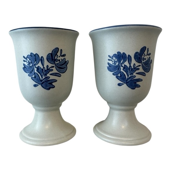 Pfaltzgraff Yorktowne Chalice Goblets Set 2 Vintage Stoneware Blue Cottagecore - Picture 1 of 10